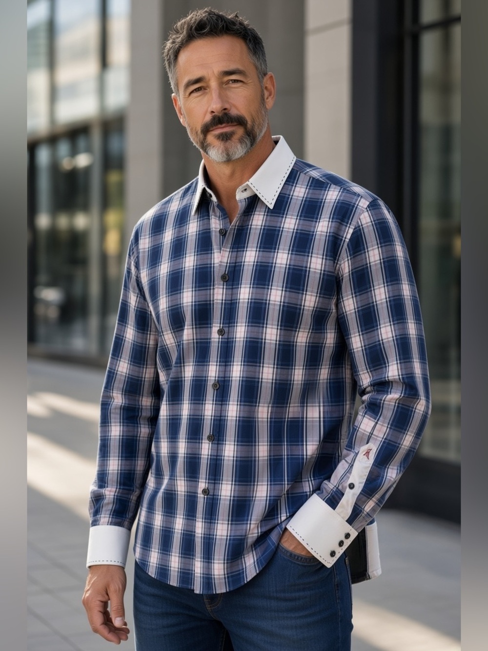 Absolute Rebellion French Style Bold Dress Shirt Slim Fit Plaid Shirt XXL